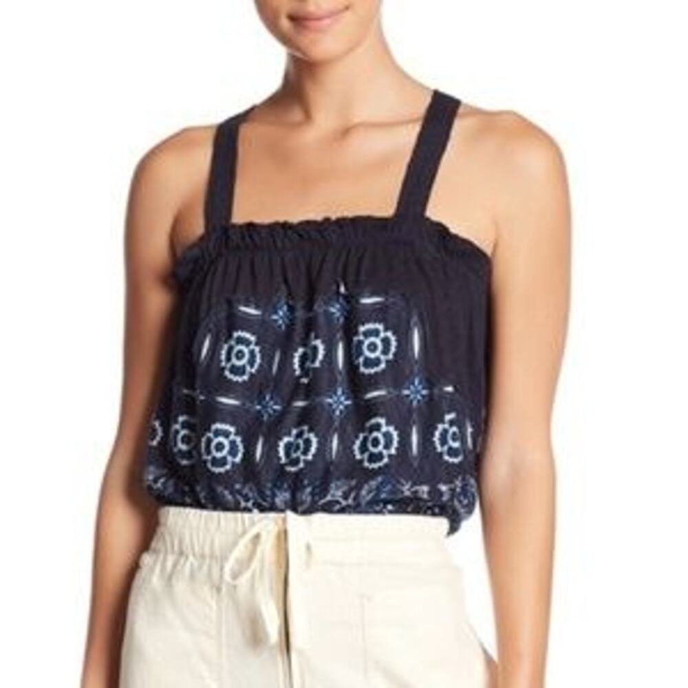 Free People Love Life Bubble Tank Top Blouse Sz S Blue Floral Boho Festival NWT